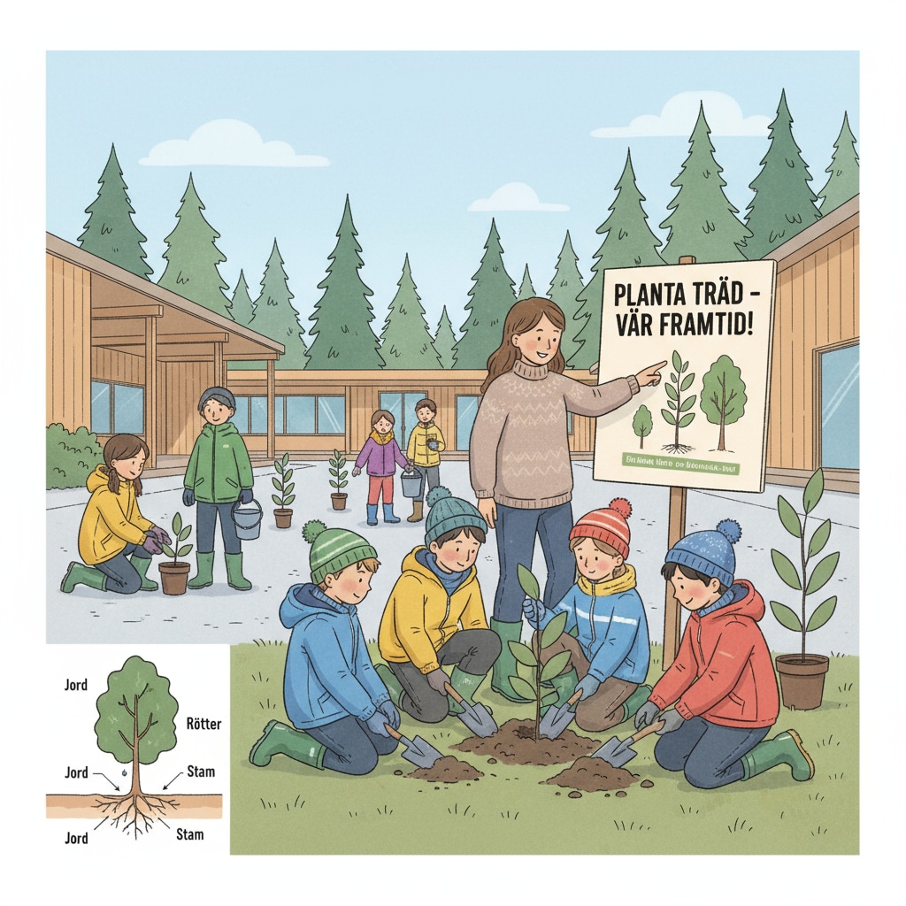 Students in a Scandinavian K-12 school are engaged in a tree planting activity, which is an important part of their conservation education curriculum. Scandinavian K-12 students participating in conservation education through tree planting