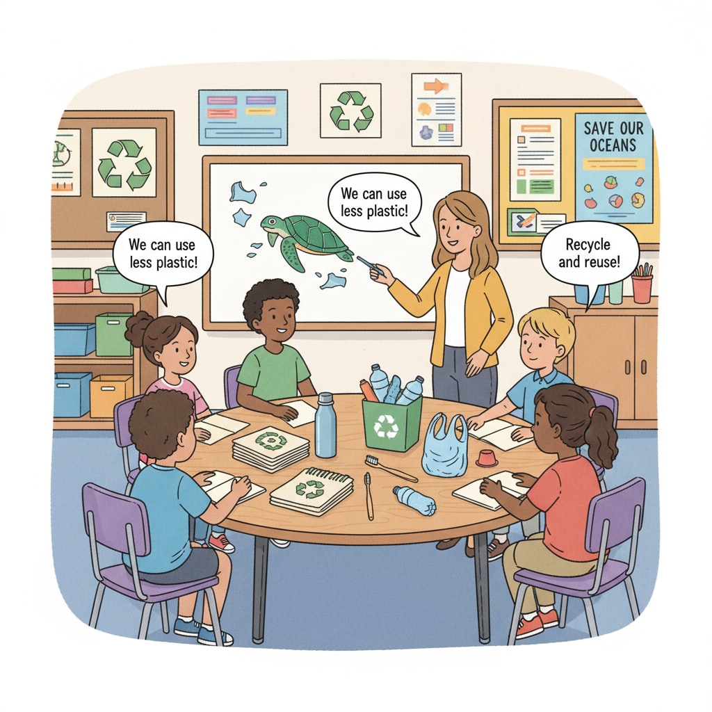 A K-12 classroom is having an interactive discussion about reducing plastic waste, which is a topic in conservation education. K-12 students discussing plastic waste reduction as part of conservation education