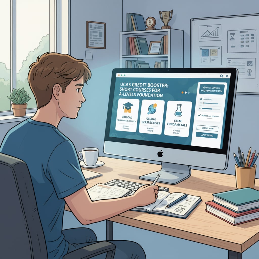 A visual representation of a student sitting at a desk, looking at a computer screen filled with information about short courses to earn UCAS credits for their A-Levels foundation year. Student researching short courses for UCAS credits in A-Levels foundation year