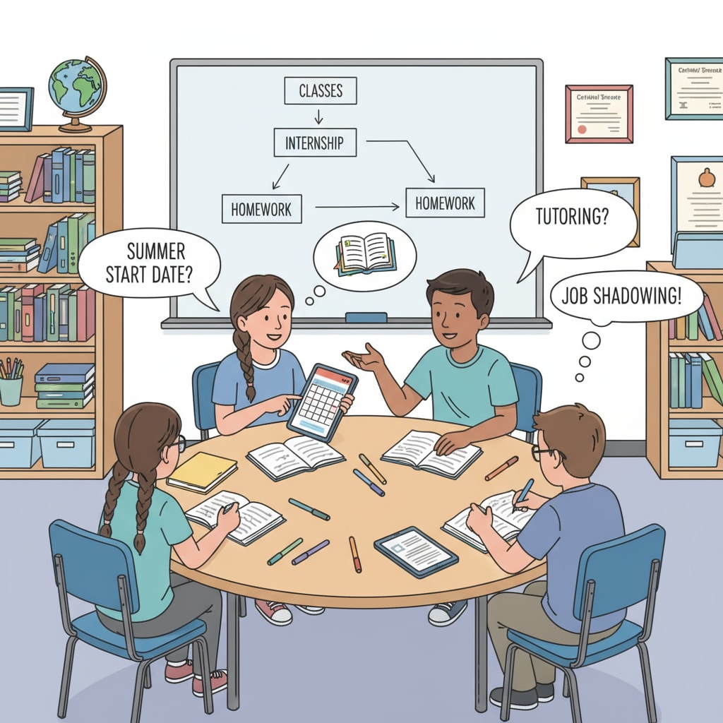 A group of K12 students are sitting around a table, discussing their internship plans and how to fit them into their study schedules. K12 students discussing internship and study balance