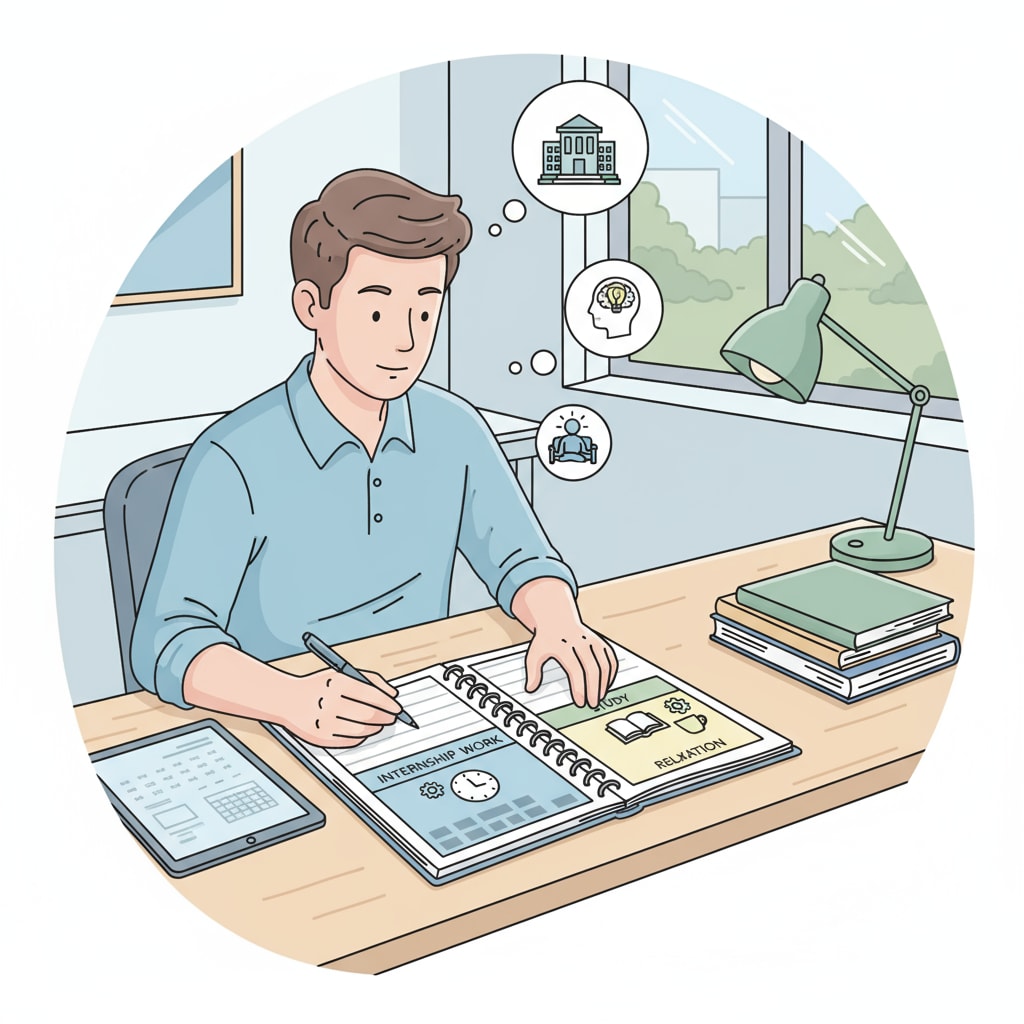 A student is sitting at a desk, using a planner to mark out time for internship work, study, and relaxation. Student using a planner for internship and study time management