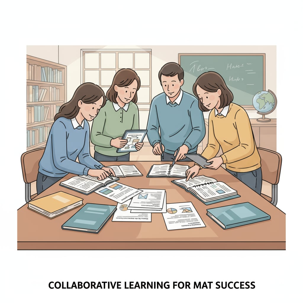 A group of teaching assistants discussing their career plans in a school setting. The teaching assistants are gathered around a table, looking at documents related to the MAT program. Teaching assistants discussing MAT program career plans in a school