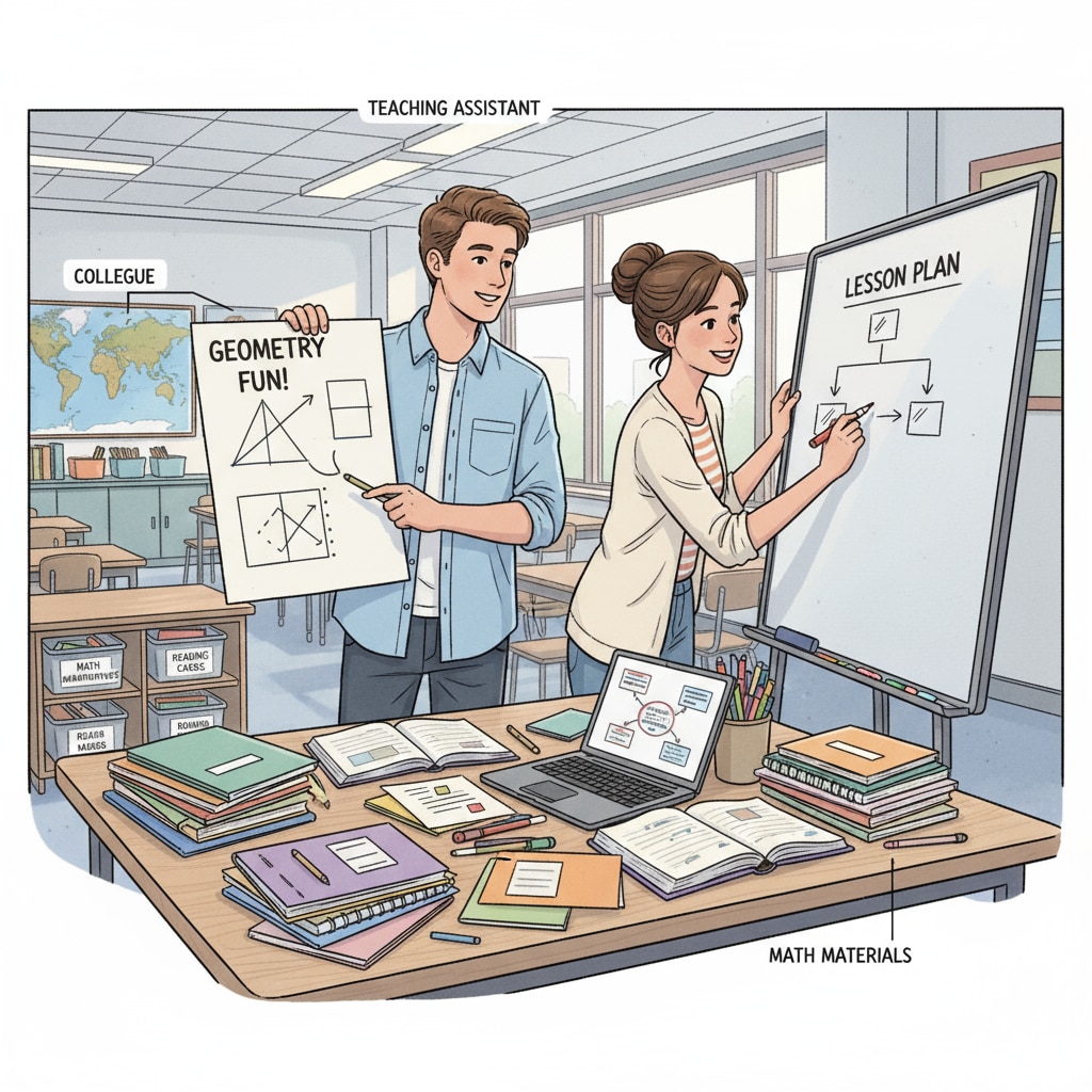 A teaching assistant collaborating with a colleague in a classroom. They are working together to arrange teaching materials and plan a lesson. Teaching assistant and colleague collaborating in a classroom for MAT program preparation