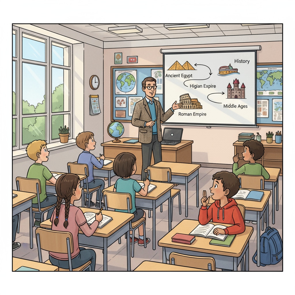 A classroom scene where students are listening intently to a history teacher explaining historical events. A classroom setting with a history teacher and students related to teacher profession, history teachers, and university application