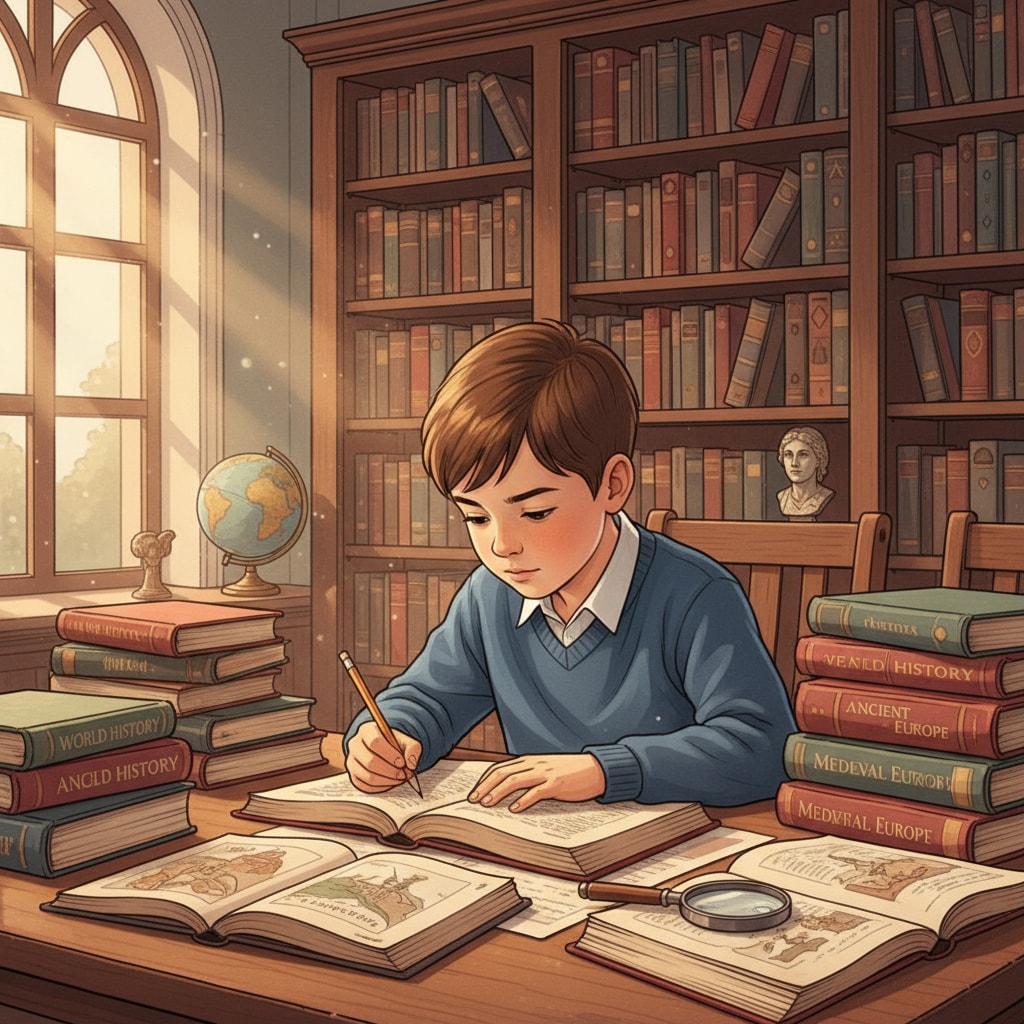 A student sitting at a table in a library surrounded by history books, studying intently. A student studying history books in a library relevant to teacher profession, history teachers, and university application