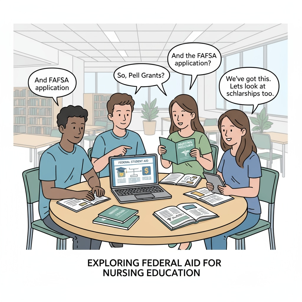 A group of students are gathered around a table, discussing their options for federal aid to pursue a nursing program after getting an associate degree. Students discussing federal aid for nursing programs after obtaining an associate degree