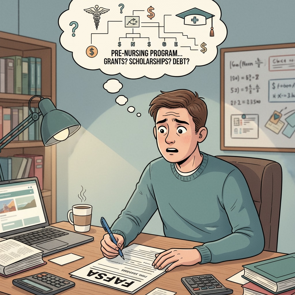 A single student is sitting at a desk, carefully filling out the FAFSA form. There is a worried expression on their face as they consider the challenges of applying for federal aid for a pre-nursing program. A student carefully filling out the FAFSA form, looking worried