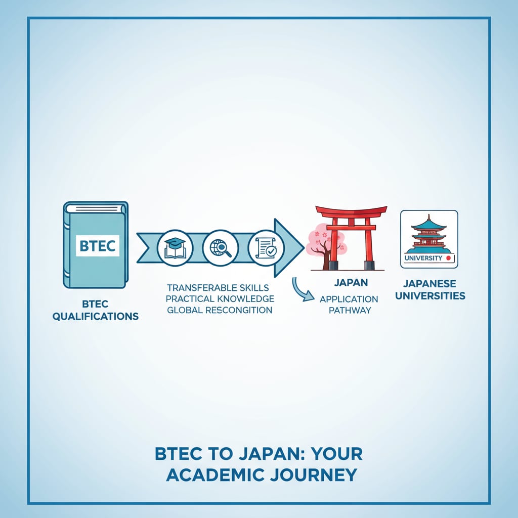 An illustration showing the connection between BTEC qualifications and the concept of applying to Japanese universities, with icons representing education and Japan. Illustration of BTEC and Japanese University Application Concept
