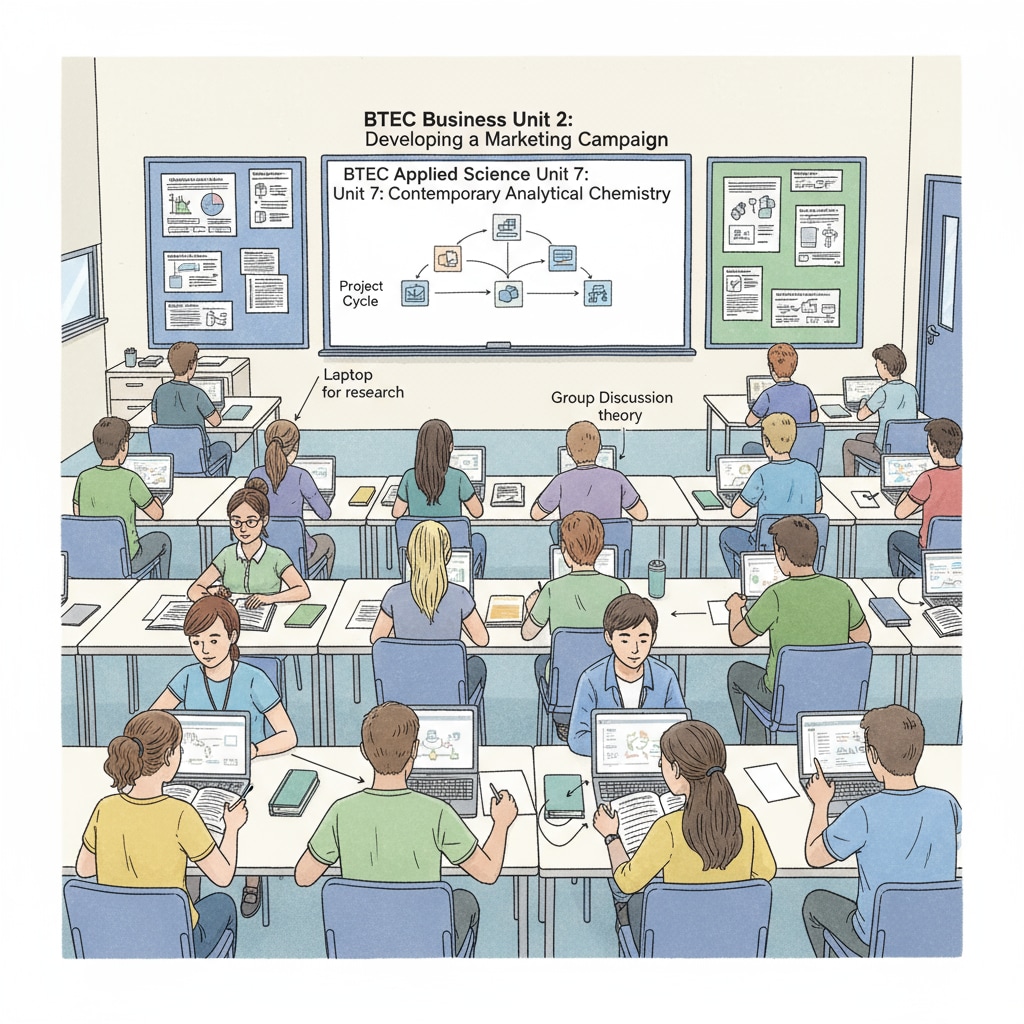 A classroom scene where students are engaged in studying BTEC courses, with textbooks and laptops on their desks. Students Studying BTEC Courses