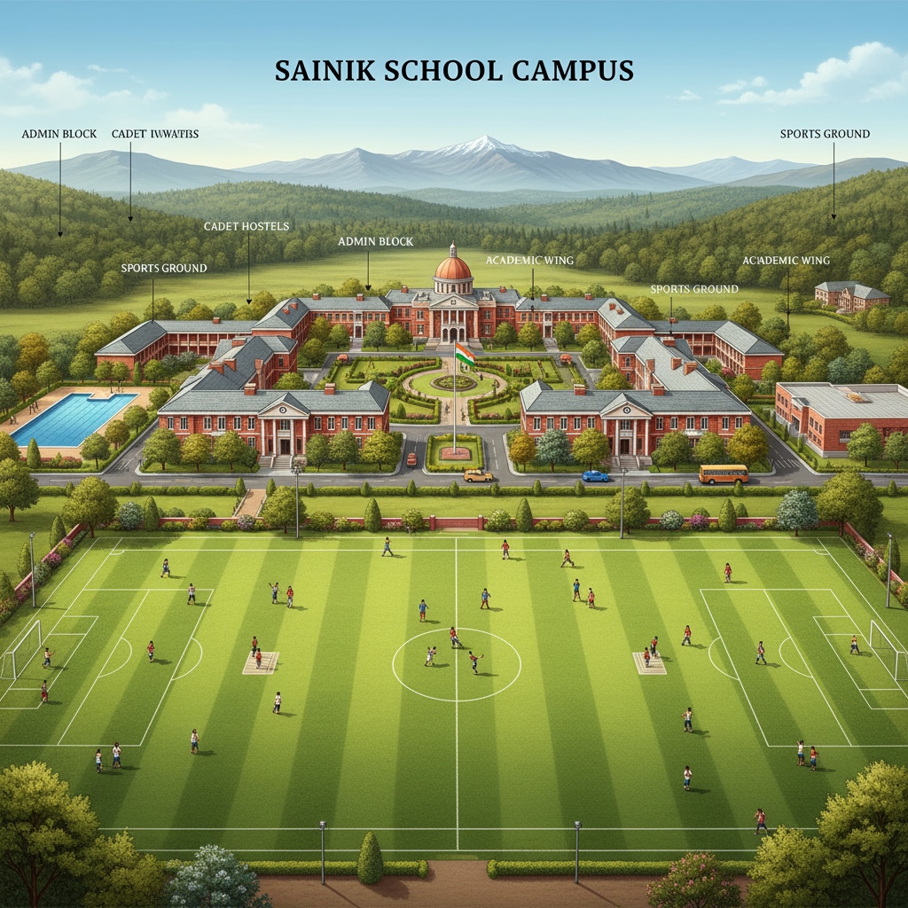 A panoramic view of the Sainik School campus, showing its buildings, playgrounds, and greenery. Sainik School campus overview for AISSEE 2026 admissions