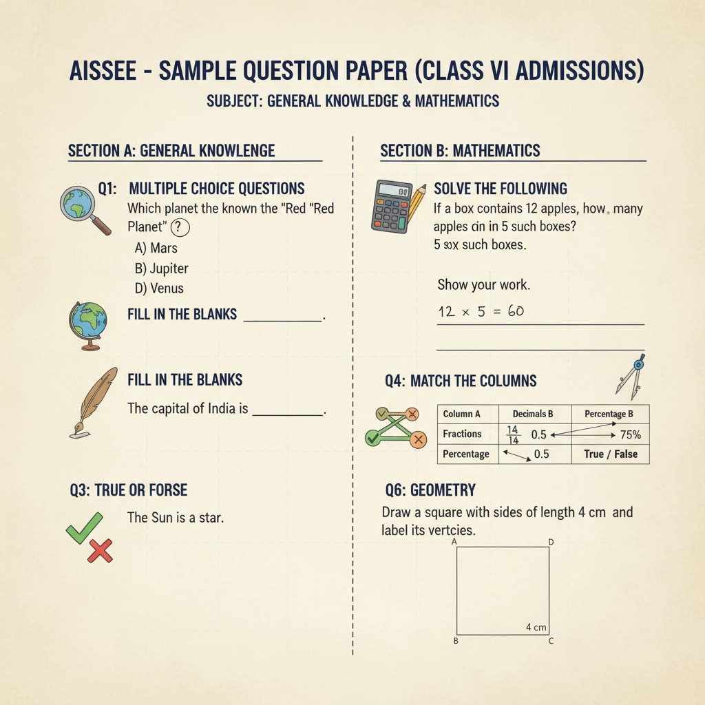 A sample page of an AISSEE exam question paper, showing various types of questions. AISSEE exam question paper sample for 2026 admissions