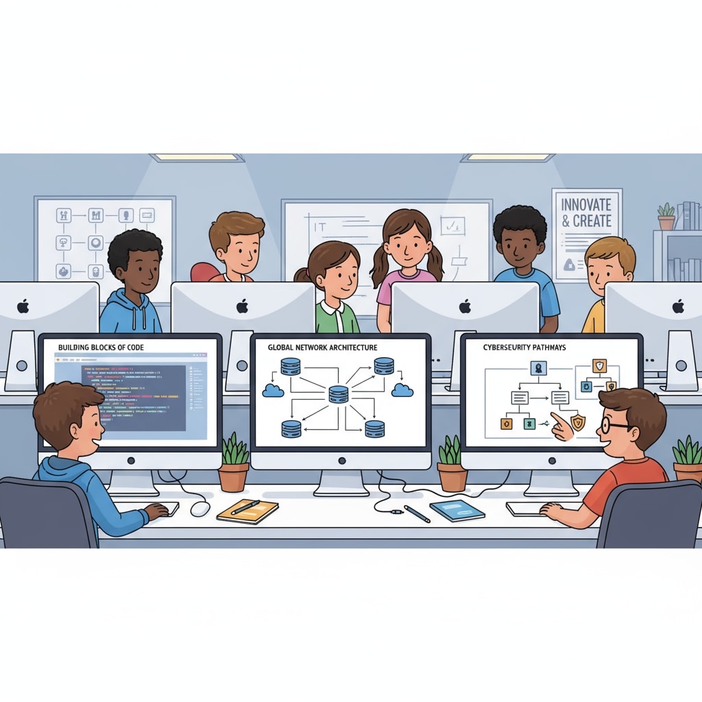 A group of K12 students are in a computer lab. They are gathered around computers, looking intently at the screens which display various IT-related projects like coding interfaces and network diagrams. K12 students exploring IT projects in a lab related to university major selection, information technology, and career prospects