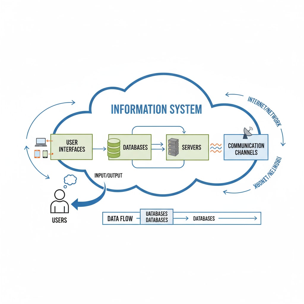 A diagram shows the different components of an information system, including servers, databases, user interfaces, and communication channels. Diagram of information system components relevant to university major selection in information technology and its career prospects
