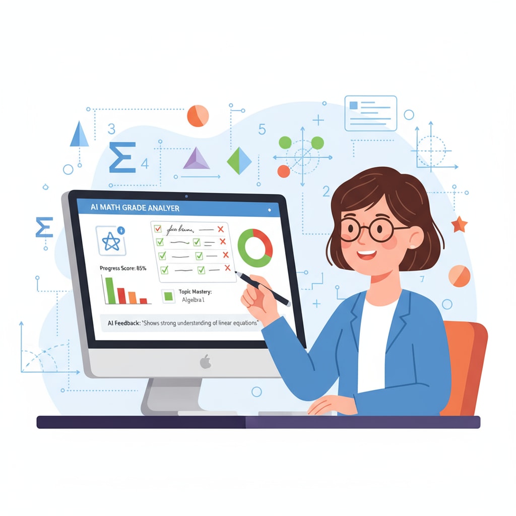 An illustration depicting a teacher using an AI math grading tool on a computer screen, with numbers and graphs showing the grading process in the background. A teacher using an AI math grading tool to potentially reduce workload and save working time.