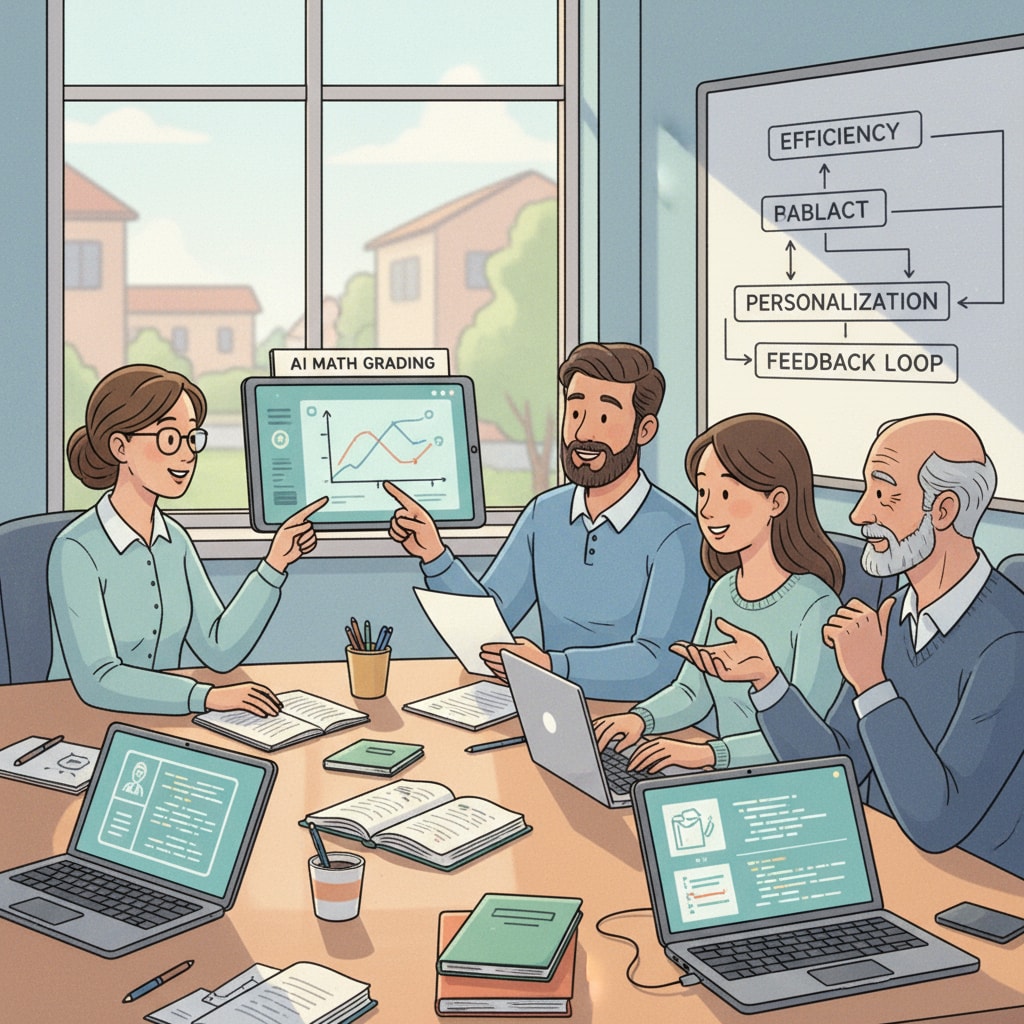 A group of teachers sitting around a table in a meeting room, discussing the use of AI math grading tools, with papers and laptops in front of them. Teachers discussing the impact of AI math grading tools on their workload and working time.