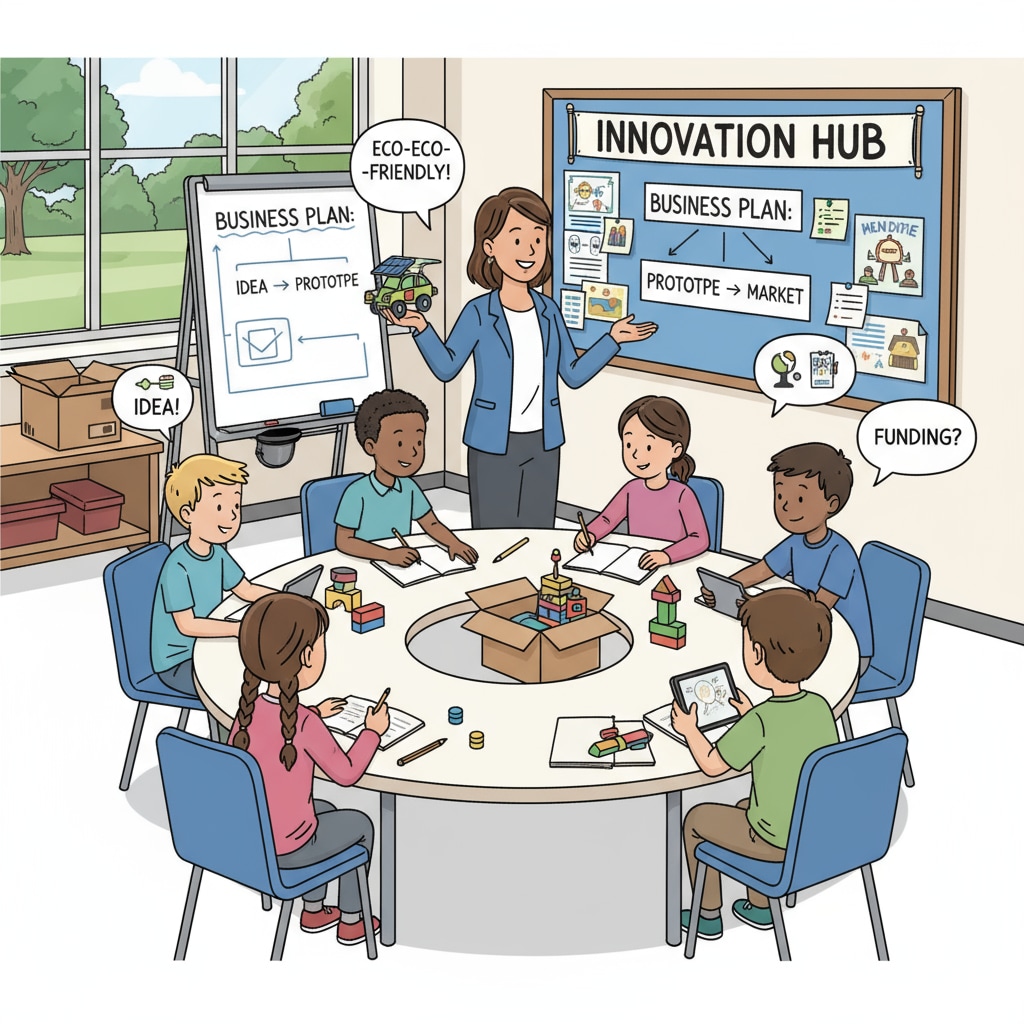 A group of students actively participating in a hands-on entrepreneurial project within a K-12 classroom setting, collaborating and discussing ideas. K-12 students engaged in practical entrepreneurial learning