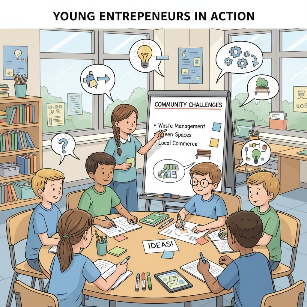 Students gathered around a table, brainstorming ideas to solve a community problem as part of their entrepreneurial education in a K-12 environment. K-12 students brainstorming for entrepreneurial problem-solving