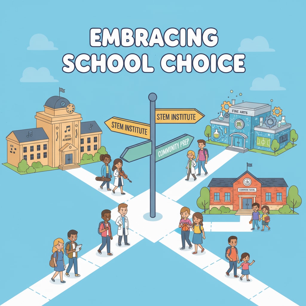 A group of students walking into different schools, representing the concept of school choice. School choice in action with students going to various educational institutions.