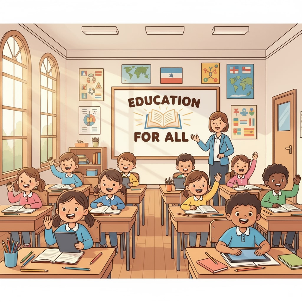 A group of students sitting at desks, looking eager, with a sign that says 'Education for All' in the background. This represents the aspiration of providing equal educational opportunities to students. Students with high hopes for education despite financial hardships, with a connection to student expenses, financial difficulties, and donations.
