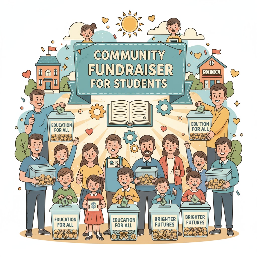 A community gathering with people holding donation boxes and smiling. This shows the positive energy and unity in the community during fundraising for students. Community members coming together to donate for students facing financial difficulties related to student expenses.