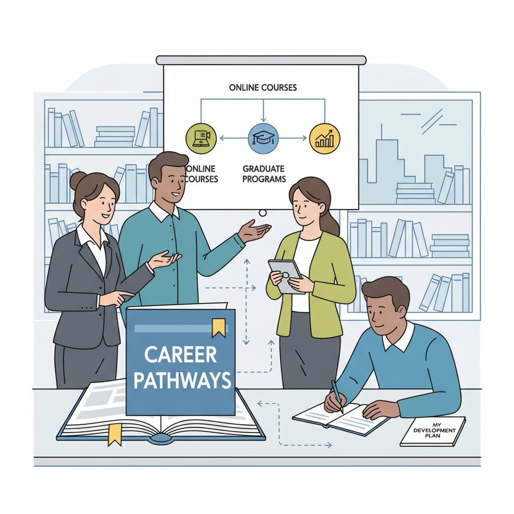 A group of professionals engaged in a discussion about career development and educational opportunities. Professionals discussing career development and part-time learning options