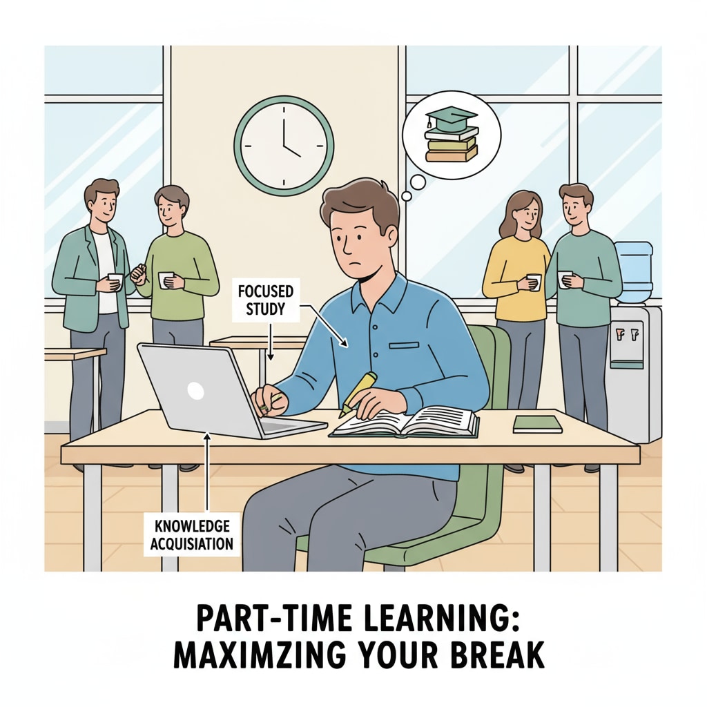 An individual concentrating on their laptop, studying during a break at the office, representing the concept of part-time learning. Person studying part-time during office break for career growth