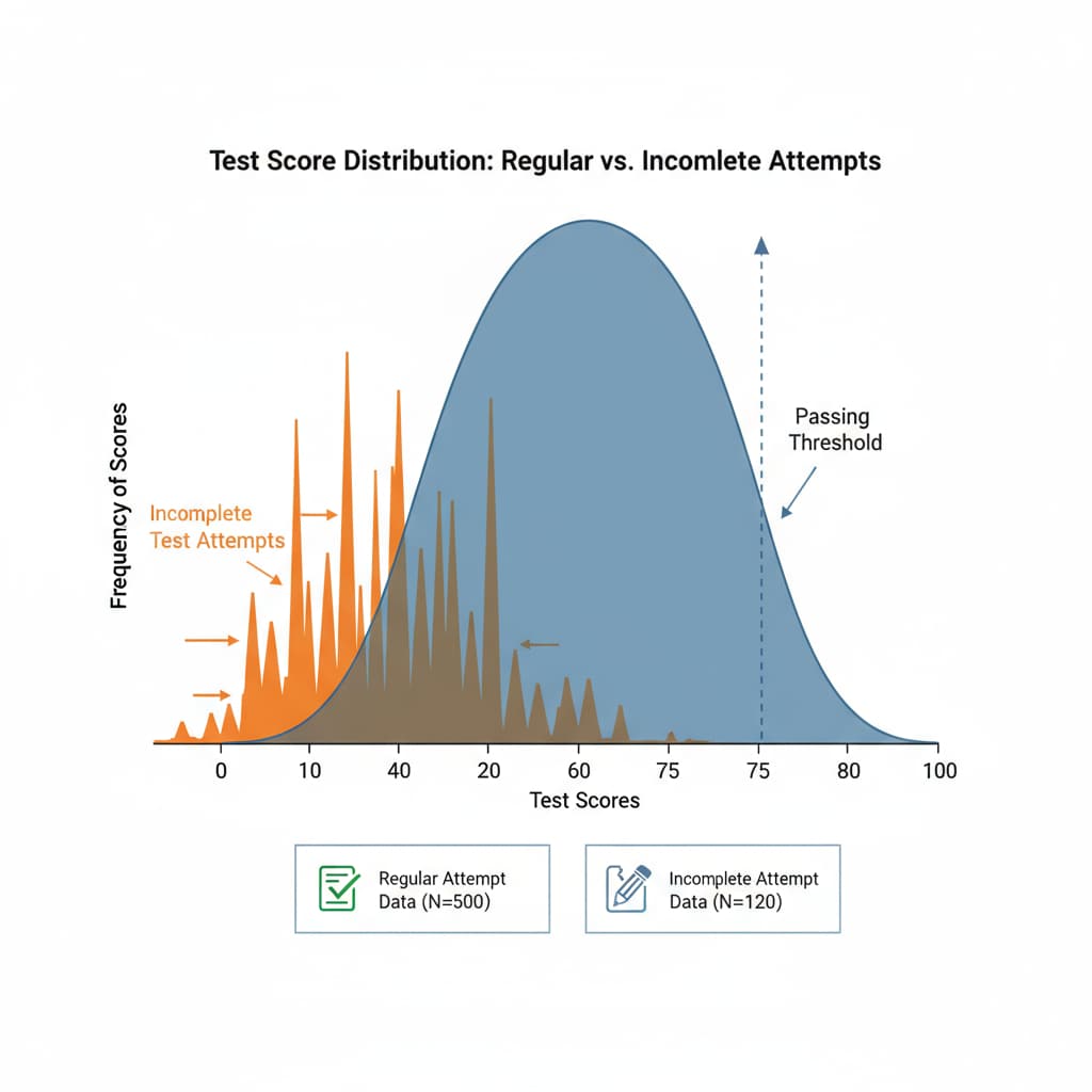 A graph visually shows the distribution of regular test scores and how scores from incomplete test attempts stand out, highlighting the irregularity in the data. Graph of test score distribution with outliers from incomplete test attempts