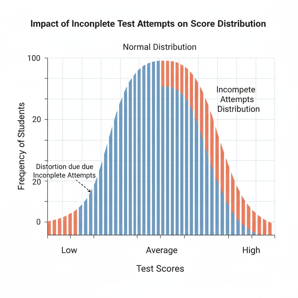A bar chart compares the normal distribution of test scores with the distribution affected by incomplete test attempts, clearly showing the distortion. Bar chart comparing normal and distorted test score distributions due to incomplete test attempts