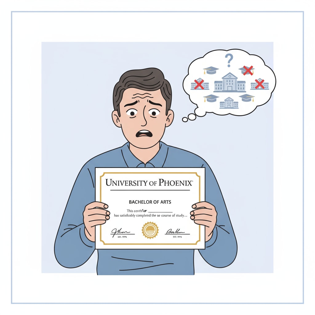 A person looking worried while holding a University of Phoenix degree certificate, symbolizing the concerns about the degree's recognition Concerns about the University of Phoenix free degree's recognition in the context of career development