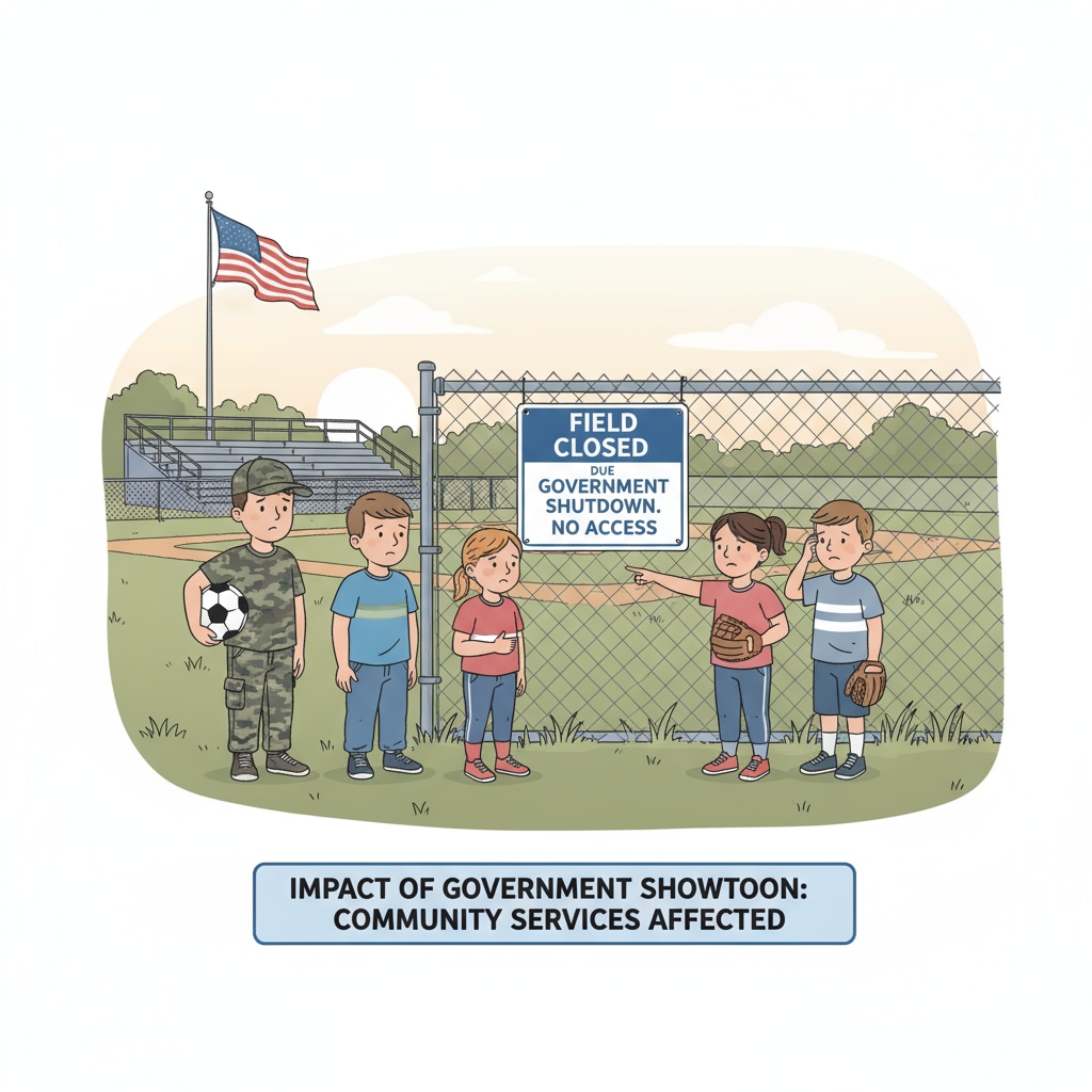 A group of military children looking disappointed as they stand near a closed sports field due to government shutdown Military children disappointed about closed sports field during government shutdown related to DODEA activities