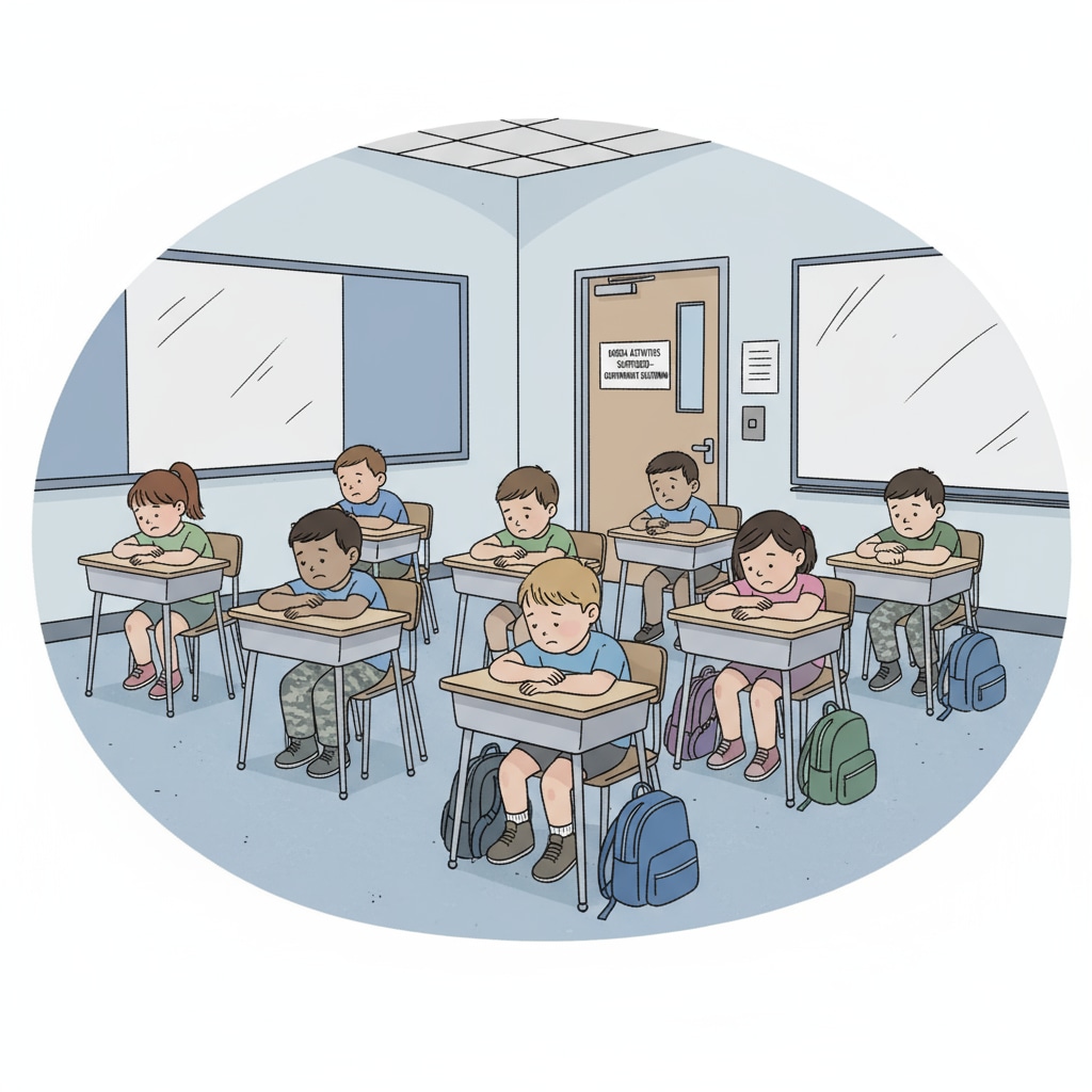 Military children sitting in an empty classroom, looking glum because of the suspension of DODEA activities during government shutdown Military children sad in empty classroom due to DODEA activity suspension during government shutdown