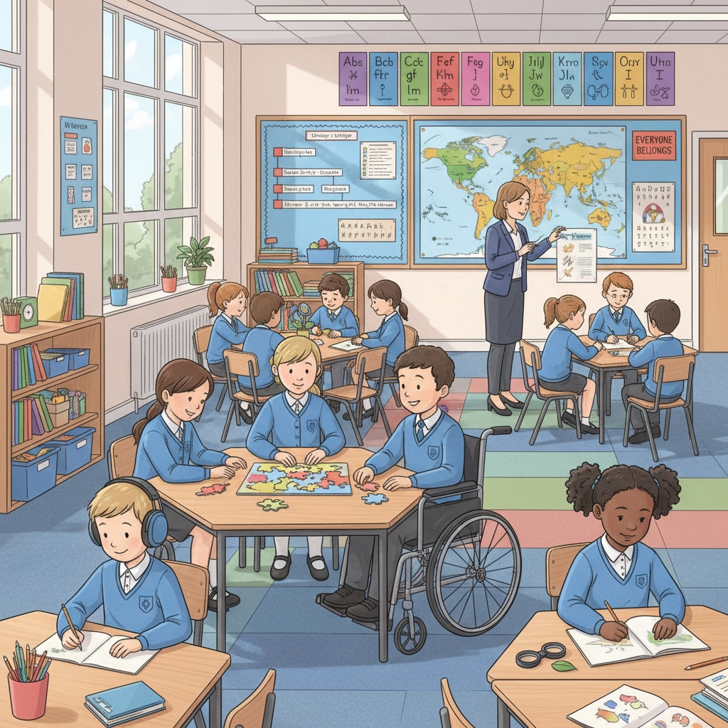 A group of students in a British classroom, engaged in learning activities. This represents the inclusive learning environment in the UK education system where special needs students can also participate. Students in a British classroom related to dropouts returning to British education