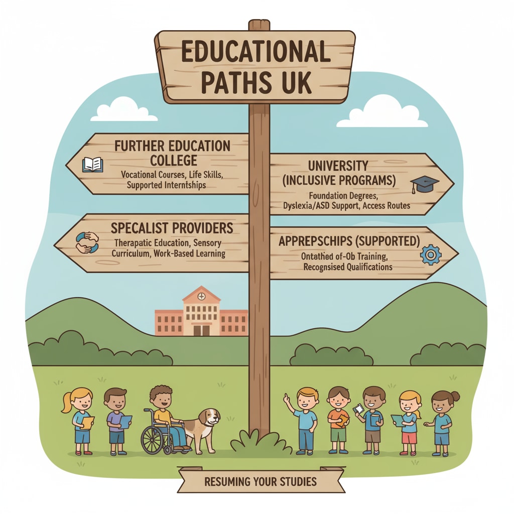 A signpost indicating different educational paths in the UK. It symbolizes the various options available for special needs students who want to return to studies. Signpost showing educational paths for dropouts in British education