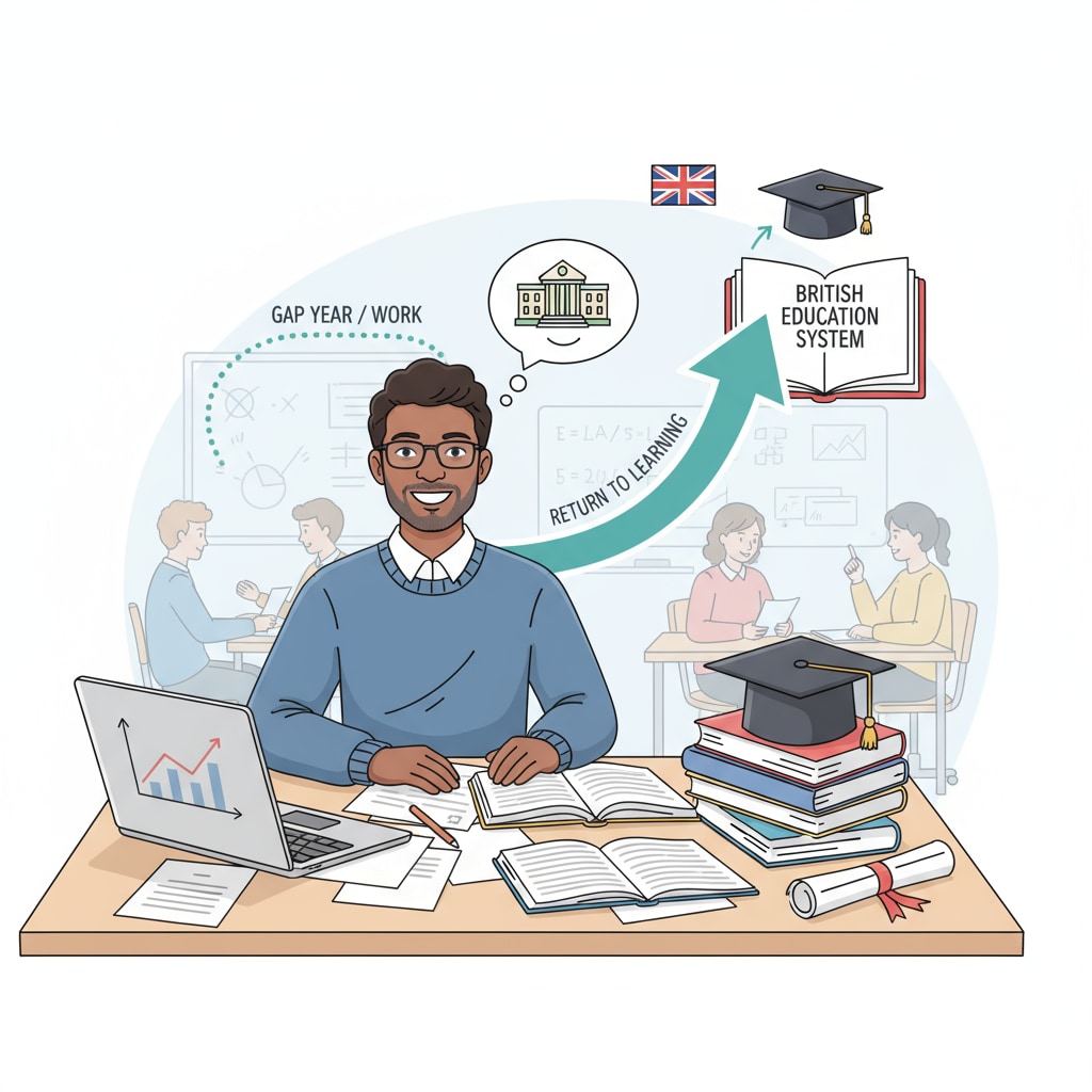 A student smiling while studying, showing the positive side of returning to studies. This image depicts the successful outcome of a dropout returning to the British education system. A happy student in the context of dropouts returning to British education