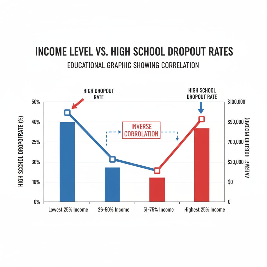 A graph depicting the correlation between low income levels and high school dropout rates, with clear labels and trends visible. Graph showing the relationship between low income and high school dropout rates