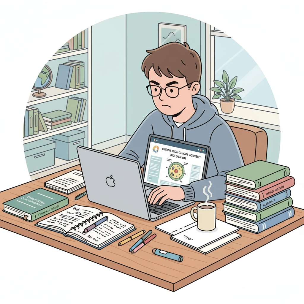 A person sitting at a table, using a laptop to study an online high school course, with books and notes beside them, looking determined. Person studying online for an online high school program