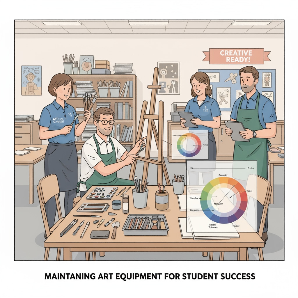 District-level art education technical support team members checking art equipment for school art education and performances