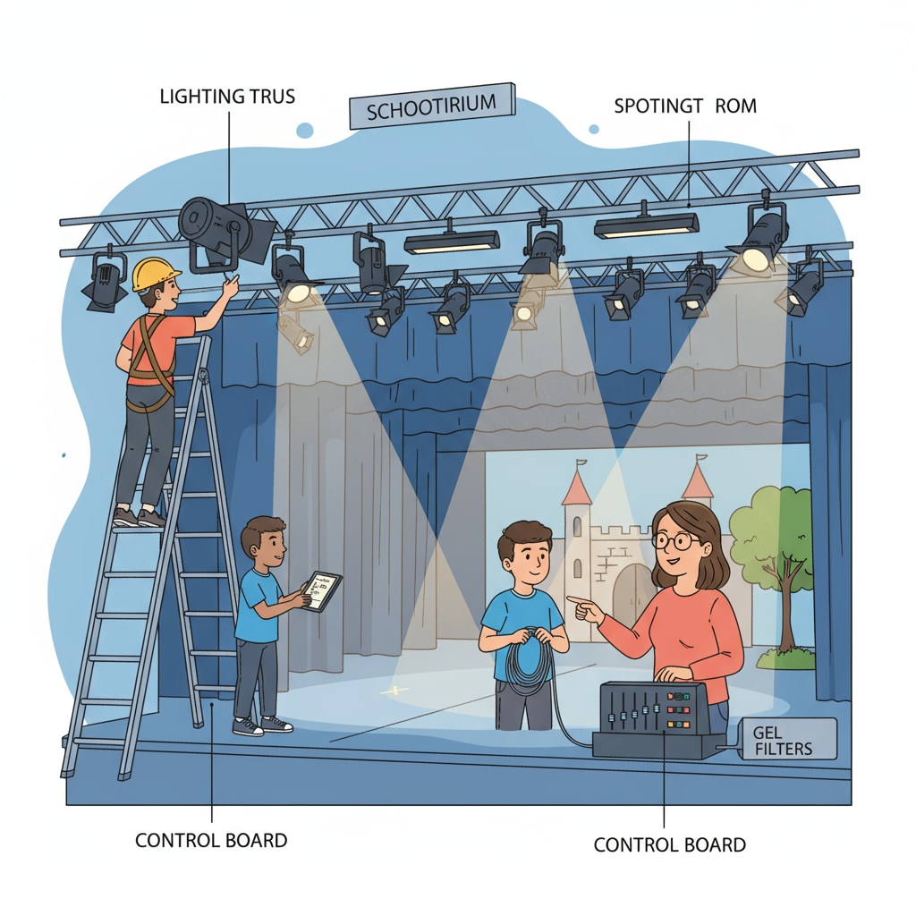 Technical support team setting up lighting for a memorable school performance as part of art education efforts
