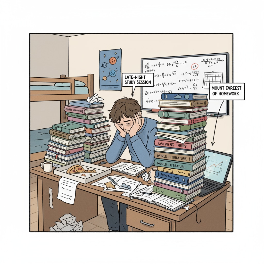 A single student is sitting at a desk piled high with textbooks and papers, looking tired and frustrated. A student suffering from burnout due to excessive traditional homework, emphasizing the importance of exploring alternatives and effective teaching strategies.