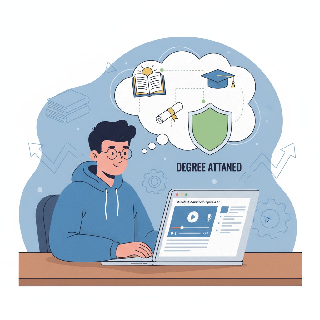 A person is sitting in front of a laptop, focused on an online learning course. There are icons of books, certificates, and a graduation cap in the background, symbolizing education completion and degree acquisition. A person engaged in online learning for education completion and degree acquisition