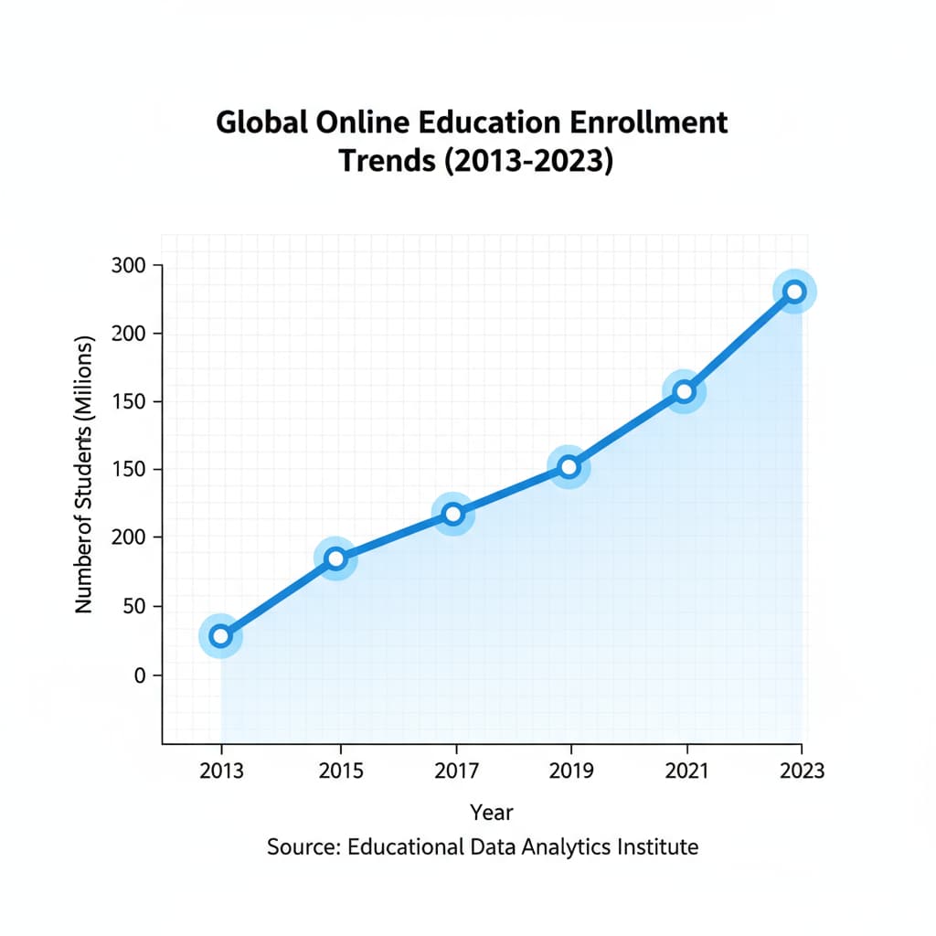 A line graph showing the increasing trend of the number of students enrolling in online education programs over the past decade. Growth of online education for degree acquisition