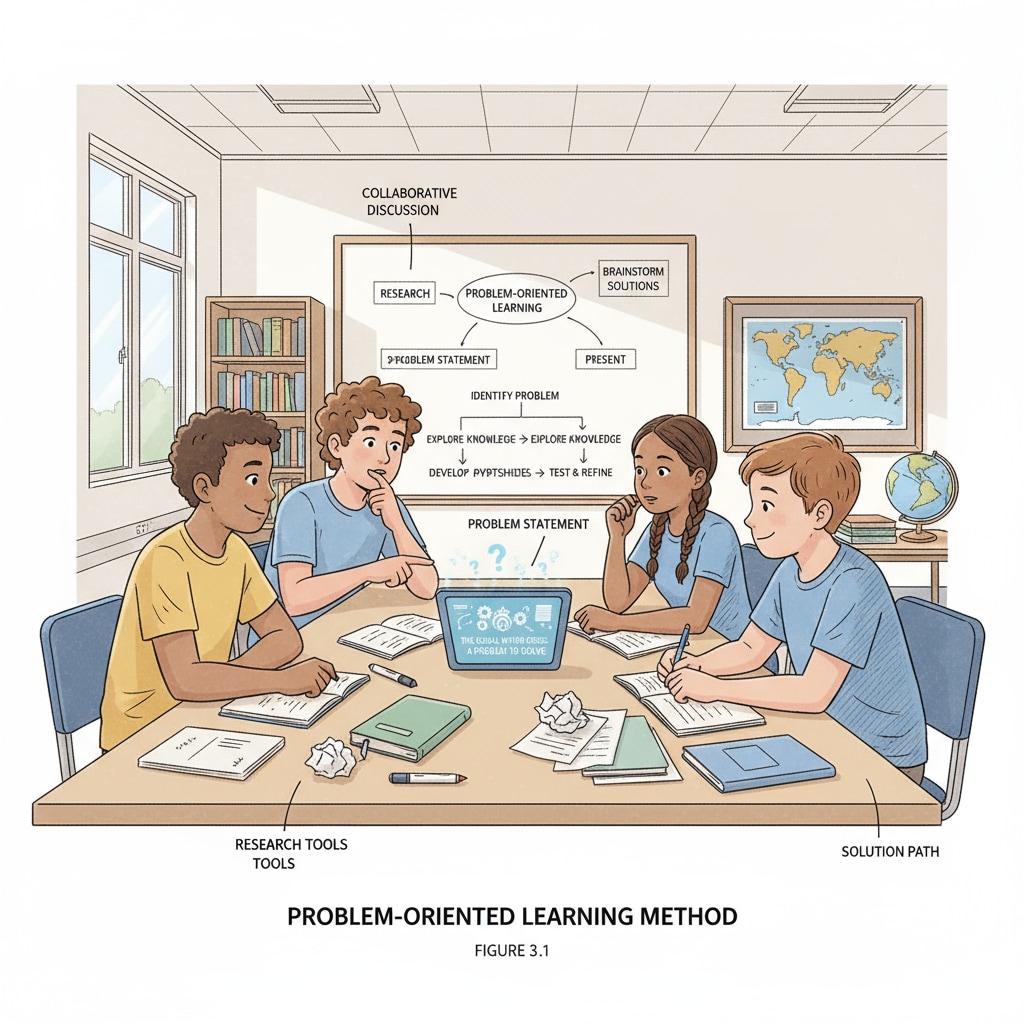 A group of students are discussing and trying to solve a problem, which represents the problem-oriented learning method. Students engaged in problem-oriented learning to enhance theoretical learning with attention deficits and practical learning in mind for better learning efficiency.
