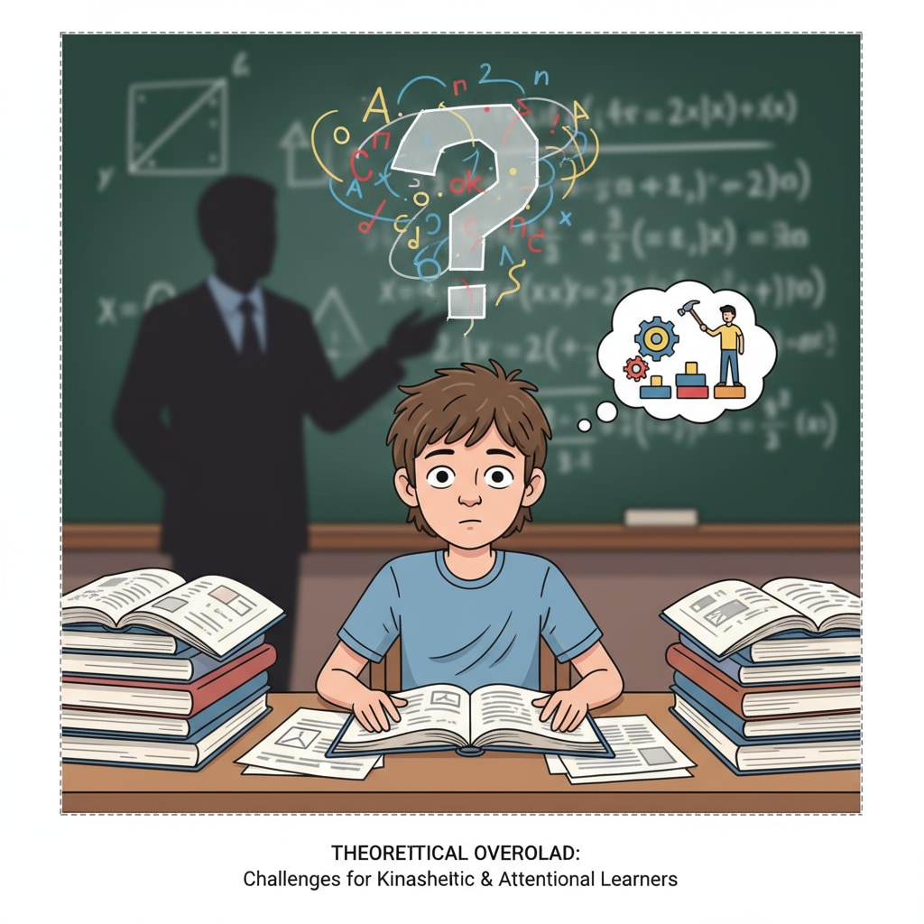 A single student is sitting at a desk, looking confused during a theoretical lecture, highlighting the challenges faced by learners with attention deficits and practical learners. A student facing difficulties during a theoretical lecture due to attention deficits or preference for practical learning, related to learning efficiency issues.