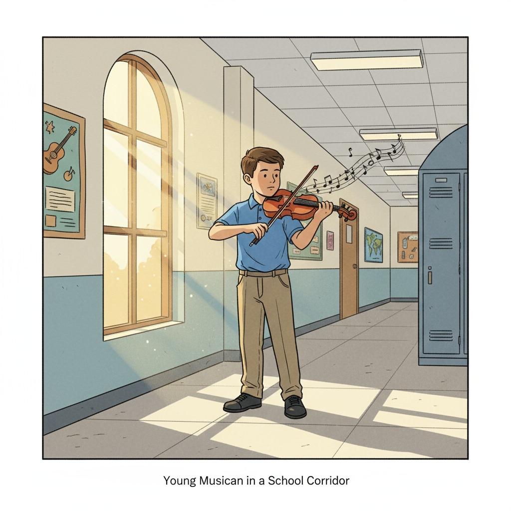 A student playing the violin in a school corridor, which was initially mistaken for crying sounds