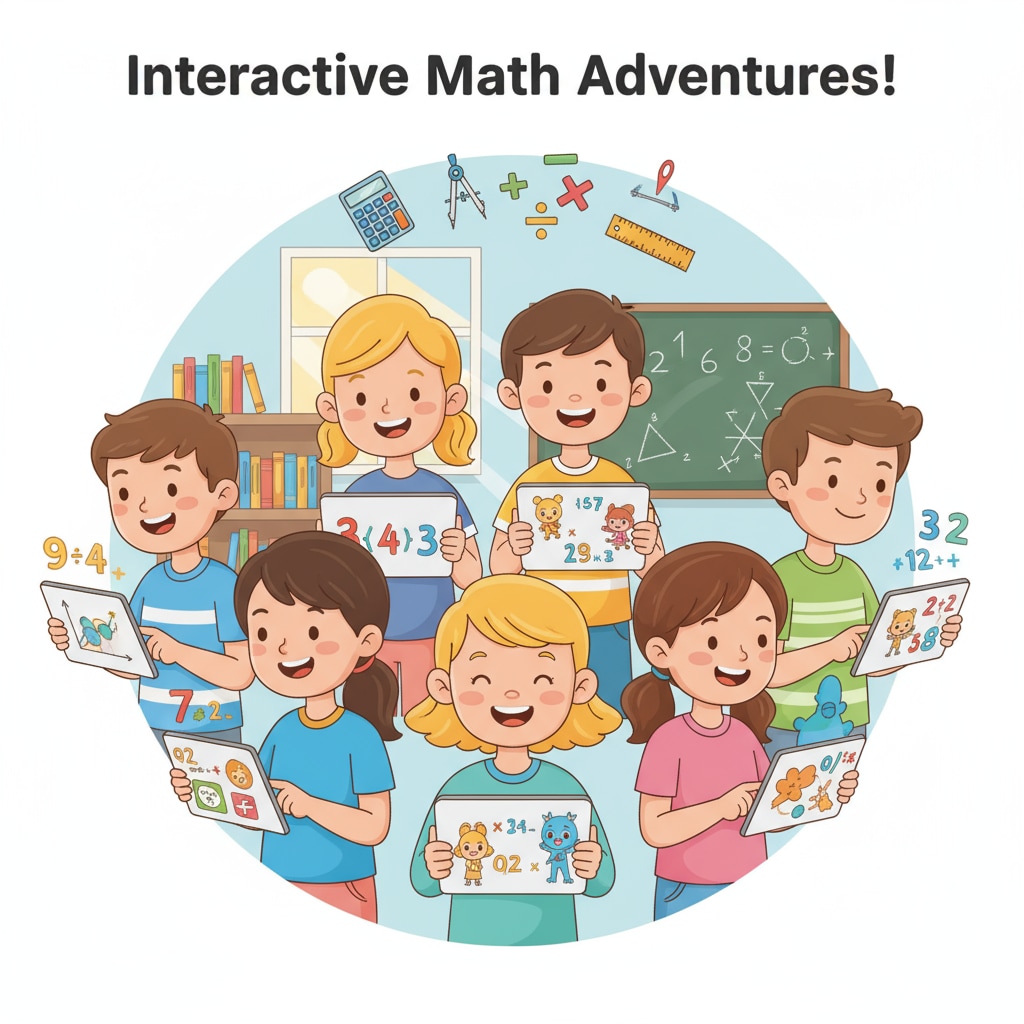 A group of 9-year-old children are seen smiling while using tablets to engage in math learning activities. This shows an interactive learning environment. 9-year-old children using tablets for math learning in an interactive math education program