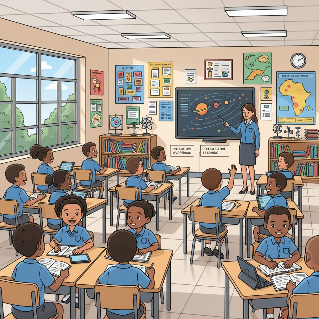 Well - resourced classroom in South Africa highlighting education inequality and need for reform