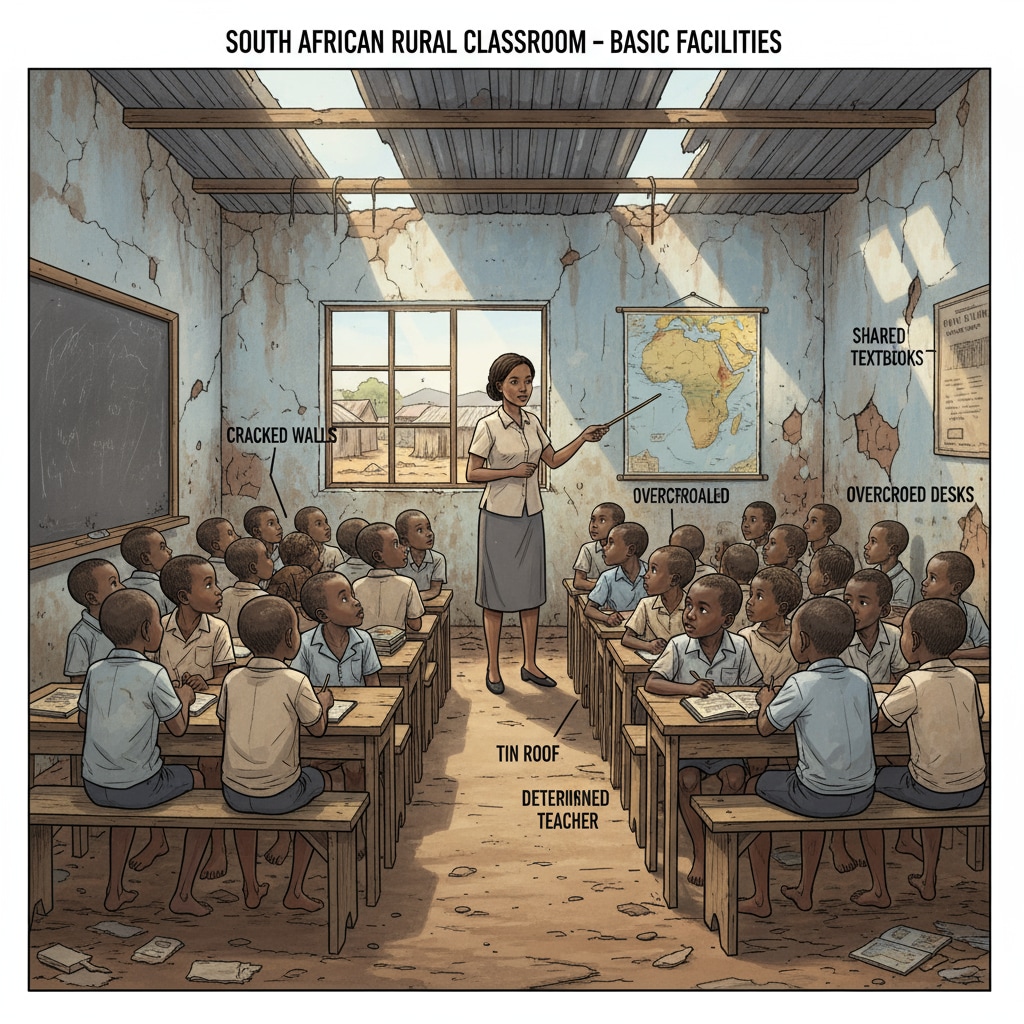 Run - down classroom in South Africa showing resource allocation issues related to education reform