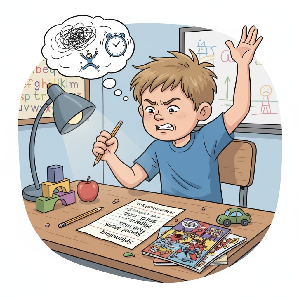 A child with ADHD is sitting at a desk, looking frustrated while trying to complete a spelling homework assignment. ADHD child struggling with spelling homework