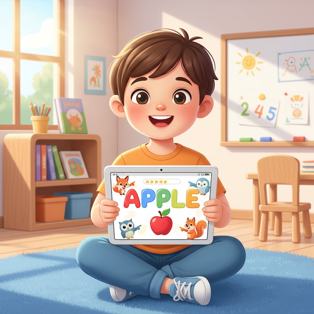 A young child is happily using a tablet with a colorful spelling learning app on the screen. Child using a spelling learning app for ADHD