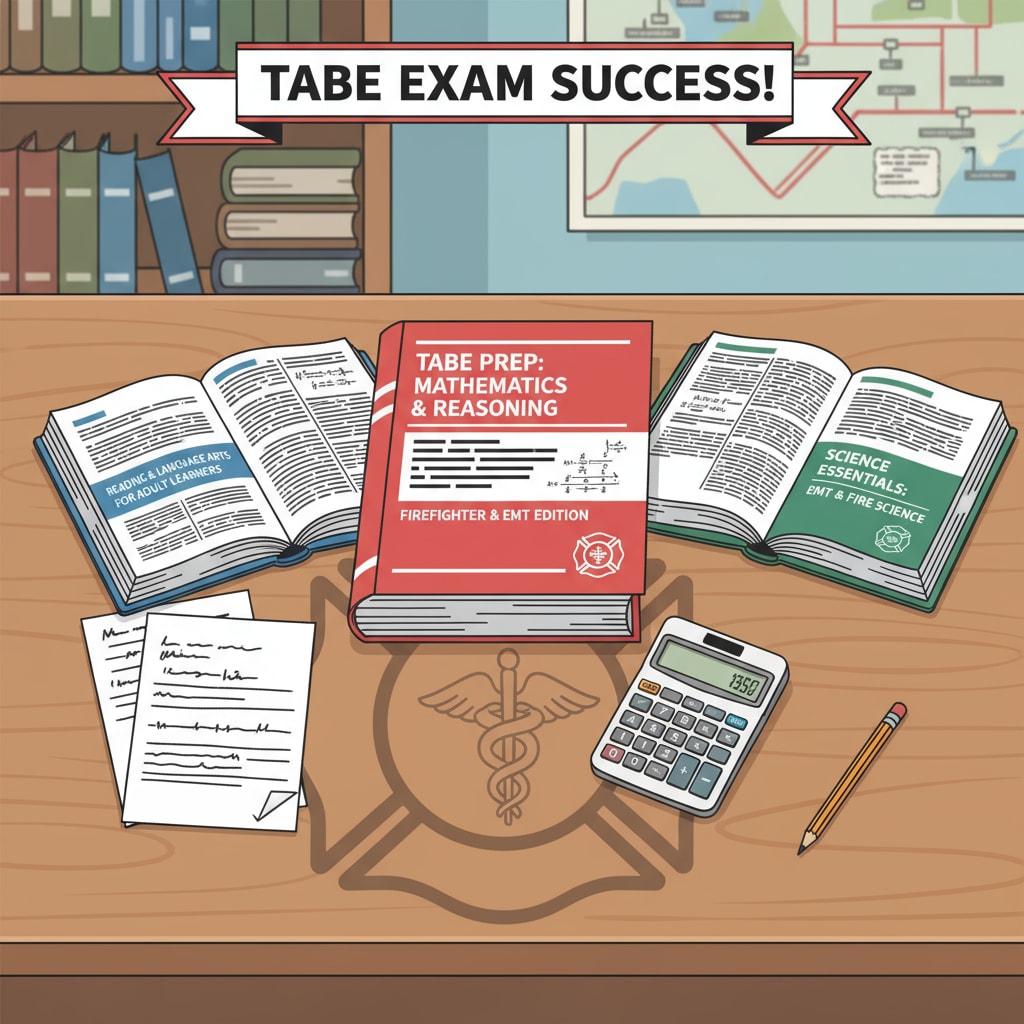 A study desk with TABE exam prep books and a calculator, indicating a focused study environment for TABE exam preparation relevant to firefighters and EMT courses. Study setup for TABE exam related to firefighters and EMT courses